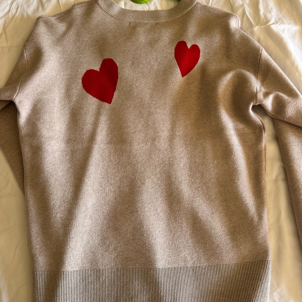 Tahari Tan Sweater with Red Heart Accents - Picture 2 of 3